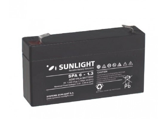 Μπαταρία Sunlight SPA6-1.3 VRLA - AGM τεχνολογίας - 6V 1.3Ah (C20)