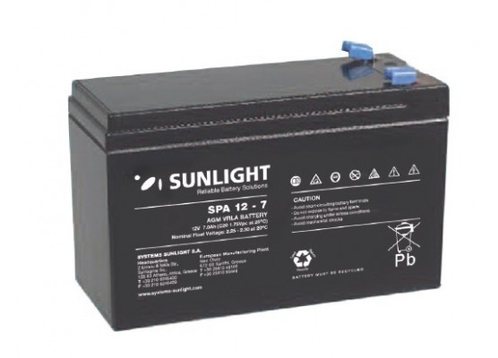 Μπαταρία Sunlight SPA12-7 (F1) VRLA - AGM τεχνολογίας - 12V 7Ah (C20)